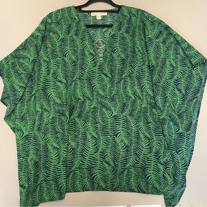 Michael Michael Kors Green Leaf/Fern Print Poncho/Coverup with triple gold rings